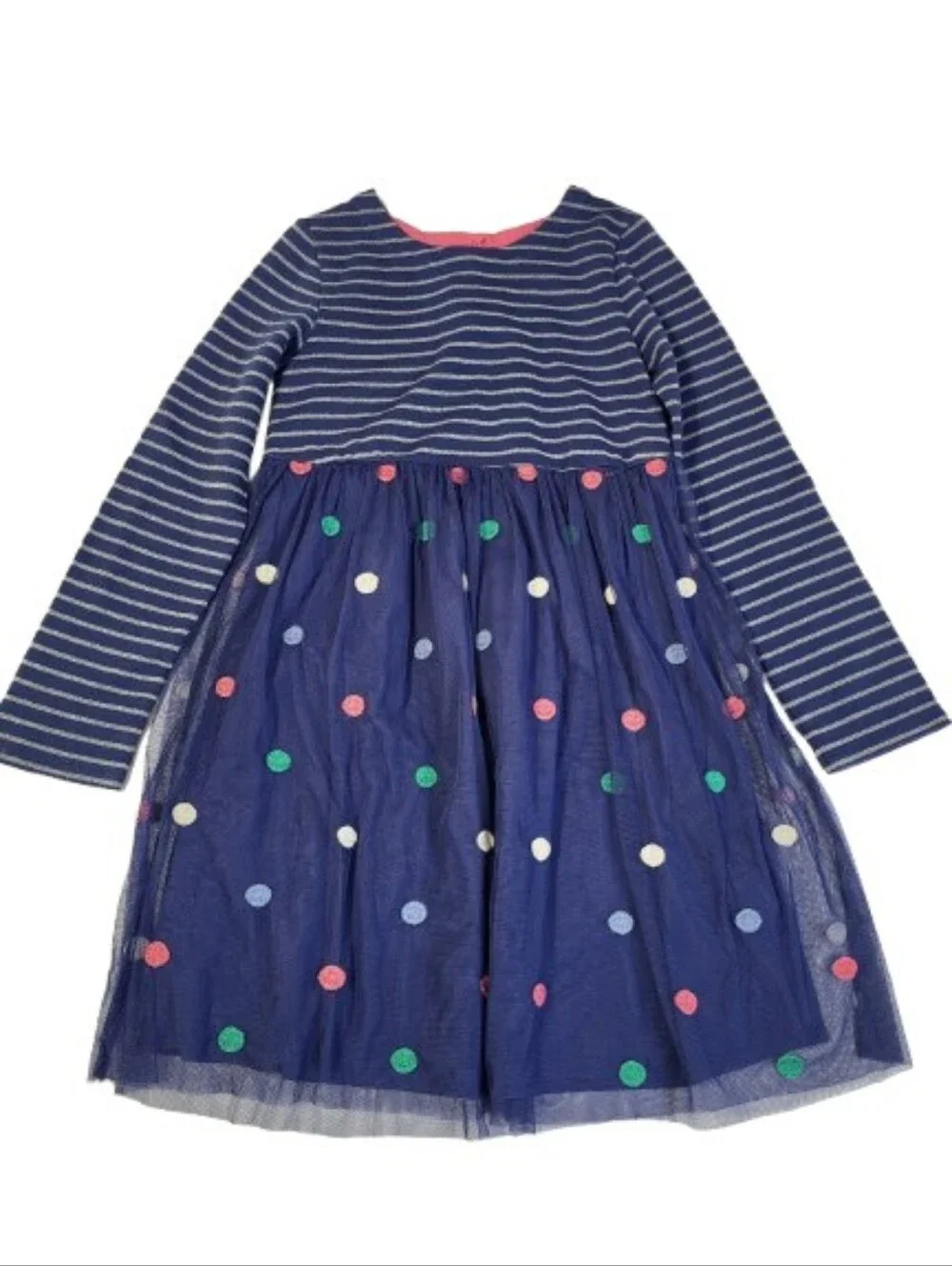 Mini Boden Jersey Tulle Long Sleeve Dress Polka Dots Navy Blue Stripes sz 9-10